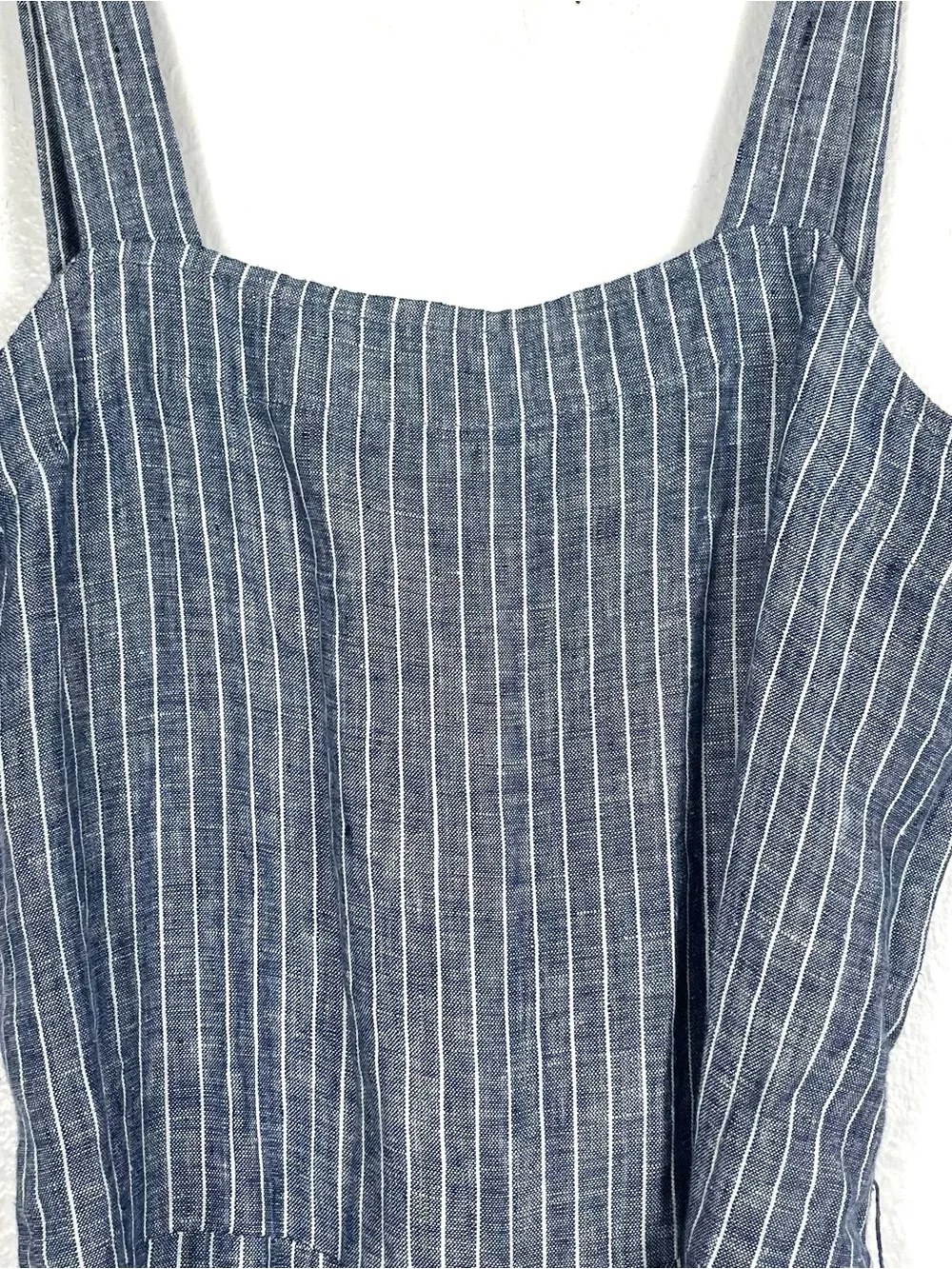 Quince European Linen Chambray Blue Stripe Sleeveless Belted Crop Jumpsuit Small